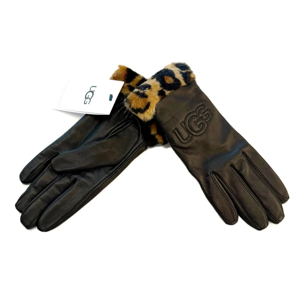 UGG Black Logo Leopard Cuffs Leather Gloves NWT